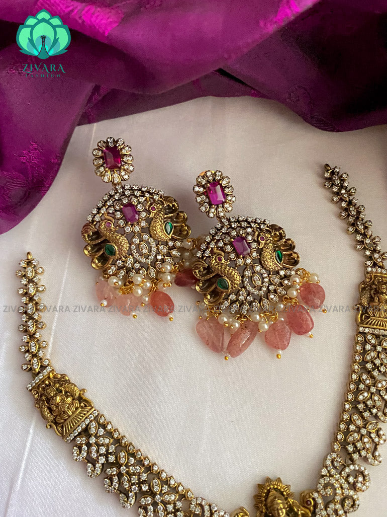 The magnificient Victorian finish dark polish neckwear with earrings  - Premium quality CZ Matte collection-south indian jewellery