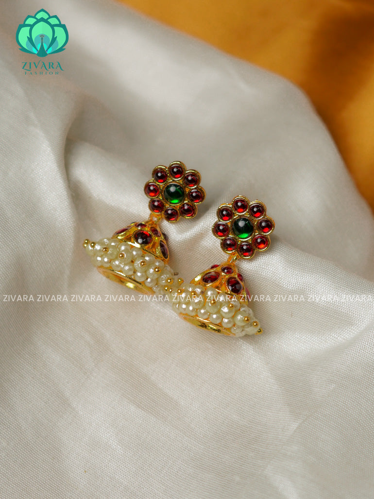 RED AND GREEN -TRADITIONAL KEMP TWO LINE STONE JHUMKA - latest kemp dance jewellery collection