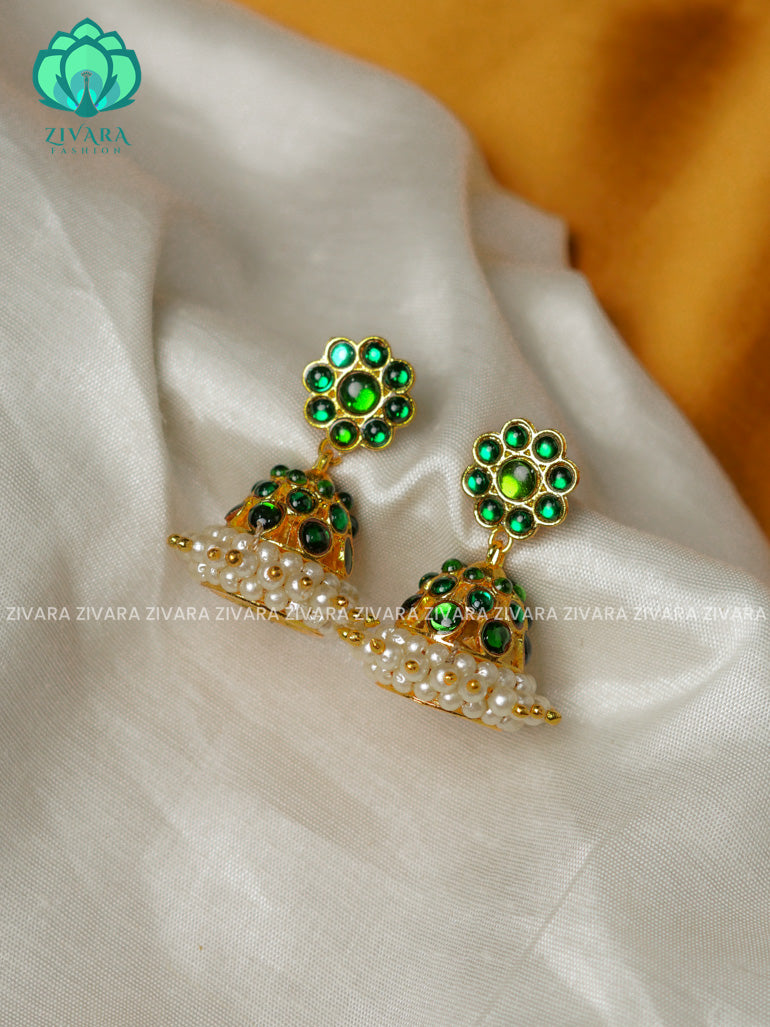 GREEN -TRADITIONAL KEMP THREE LINE STONE JHUMKA - latest kemp dance jewellery collection