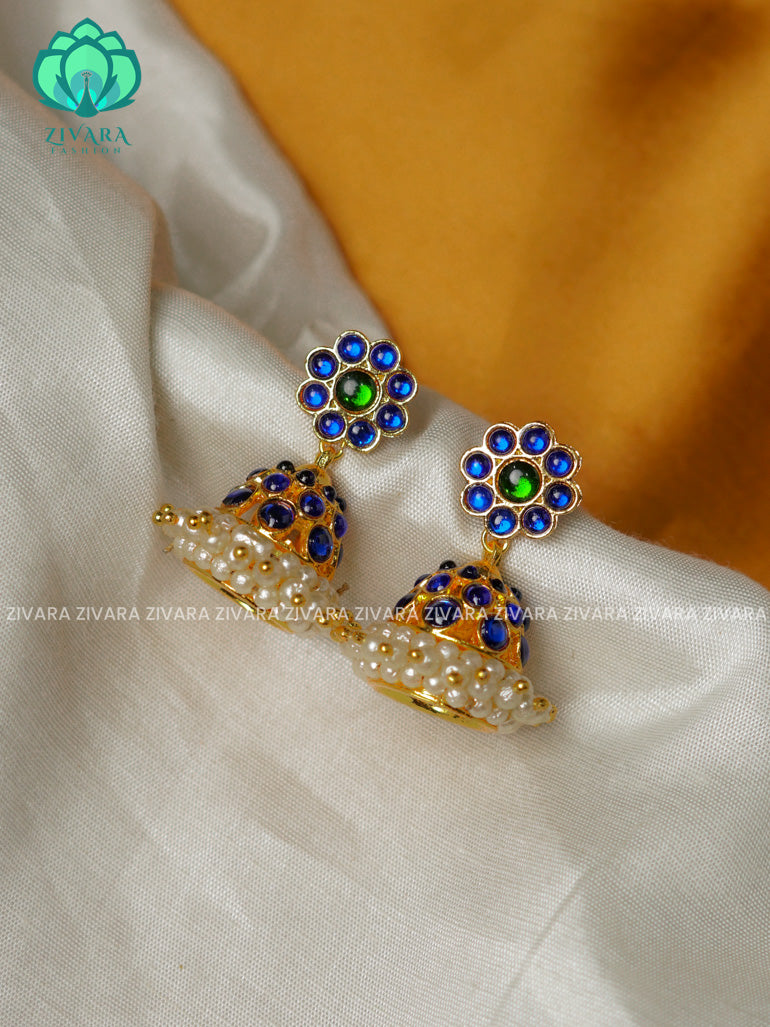BLUE -TRADITIONAL KEMP THREE LINE STONE JHUMKA - latest kemp dance jewellery collection