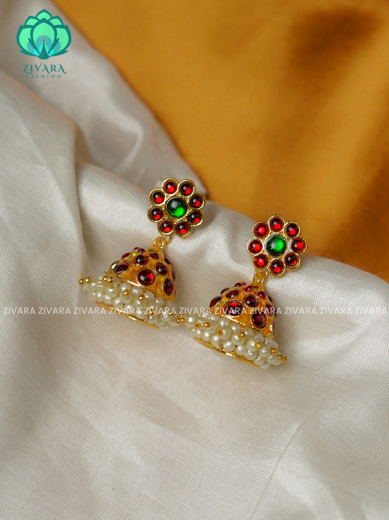 RED AND GREEN -TRADITIONAL KEMP THREE LINE STONE JHUMKA - latest kemp dance jewellery collection