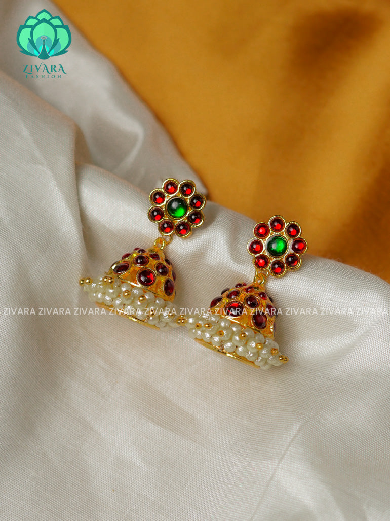 RED AND GREEN -TRADITIONAL KEMP THREE LINE STONE JHUMKA - latest kemp dance jewellery collection