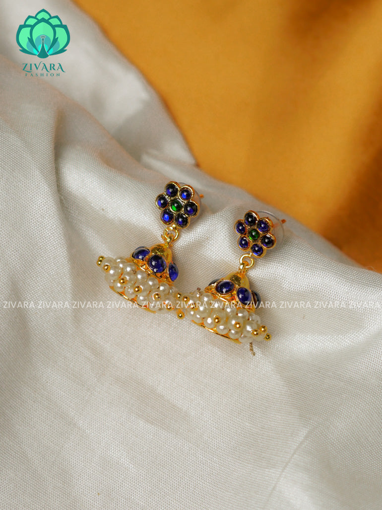 BLUE -TRADITIONAL KEMP KIDS FRIENDLY  SIZE STONE JHUMKA - latest kemp dance jewellery collection