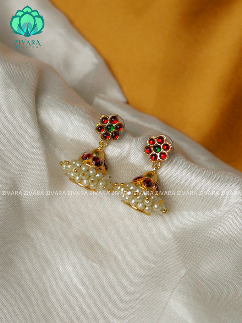 RED AND GREEN  -TRADITIONAL KEMP KIDS FRIENDLY  SIZE STONE JHUMKA - latest kemp dance jewellery collection