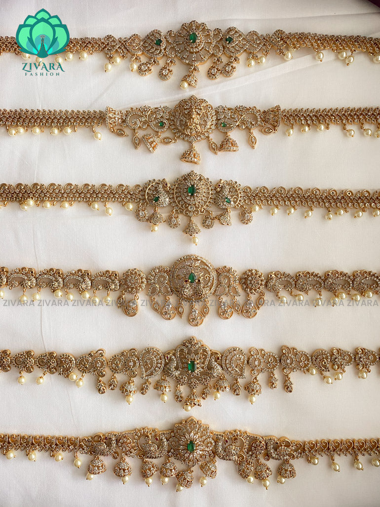 PREMIUM QUALITY CZ MATTE GREEN STONE HIPCHAINS (11 inches plus extension)- latest bridal collection