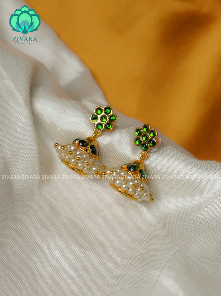 GREEN  -TRADITIONAL KEMP KIDS FRIENDLY  SIZE STONE JHUMKA - latest kemp dance jewellery collection