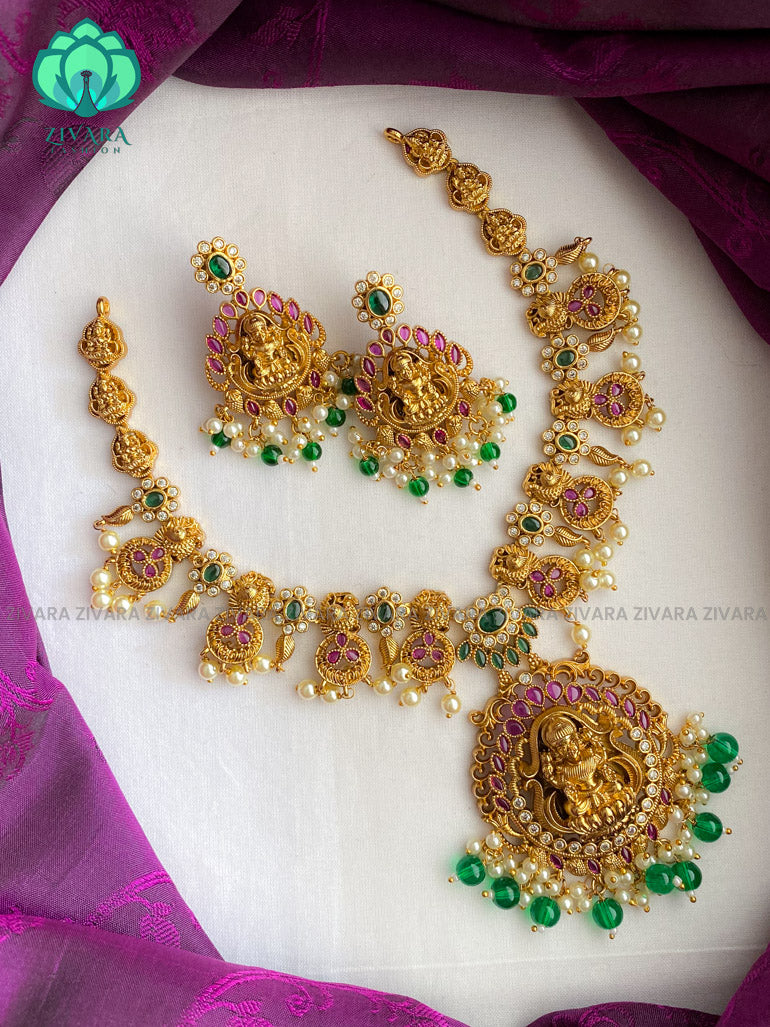 Green beads guttapusalu temple short  necklace with earrings- latest bridal jewellery collection CZ Matte