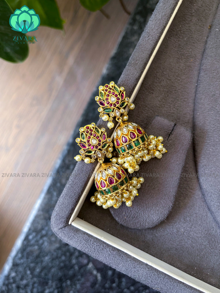 Latest design Real kemp lotus jhumka 2 - Ruby & Green - Zivara Fashion