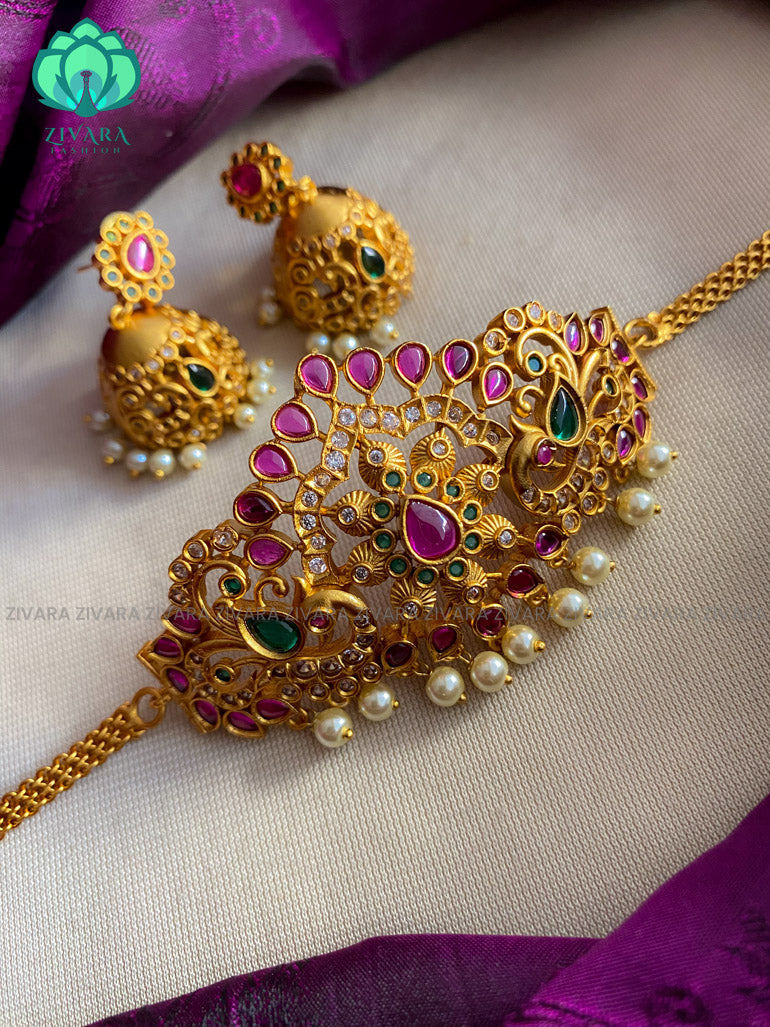 Kids friendly motif free cz matte choker with earrings - south indian jewellery with earrings-indian bridal jewellery