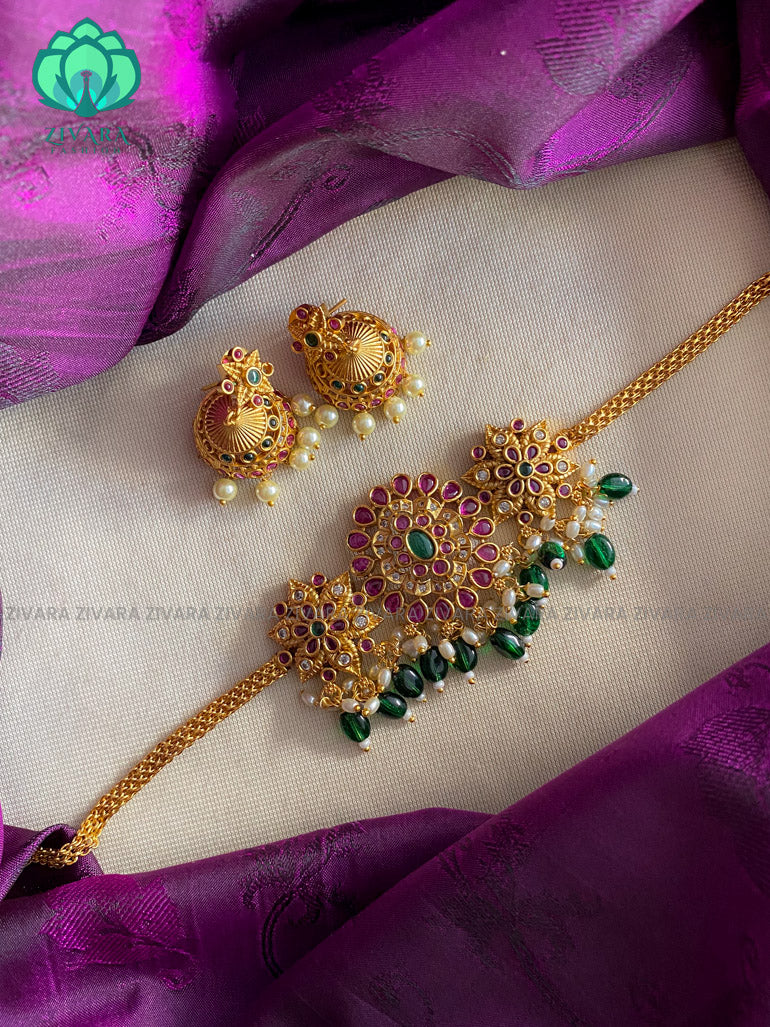 Brilliant finish green beads cz matte choker with earrings - Bridal  jewellery with earrings-indian bridal jewellery