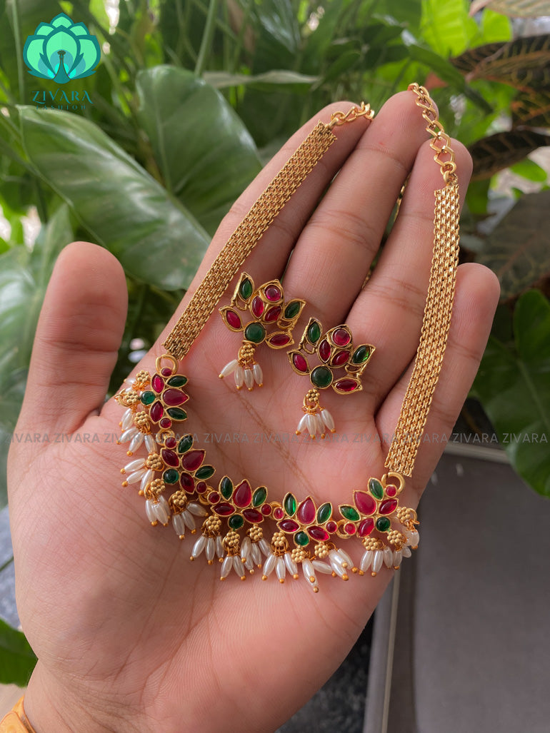 Ruby and green - trending lotus normal matte choker with earrings -latest south indian jewellery