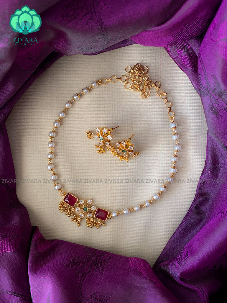 Kids friendly brilliant finish PEARL choker with earrings - Premium quality CZ Matte collection-south indian jewellery