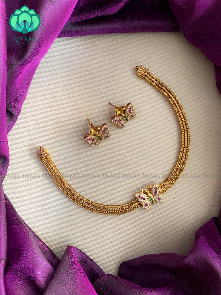 Kids friendly flexible chain butterfly pendant necklace with  earrings - CZ Matte Finish- Zivara Fashion