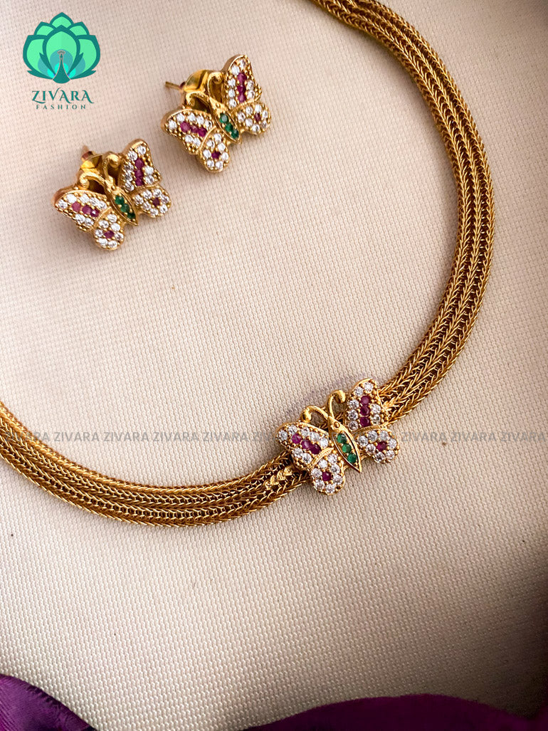 Kids friendly flexible chain butterfly pendant necklace with  earrings - CZ Matte Finish- Zivara Fashion