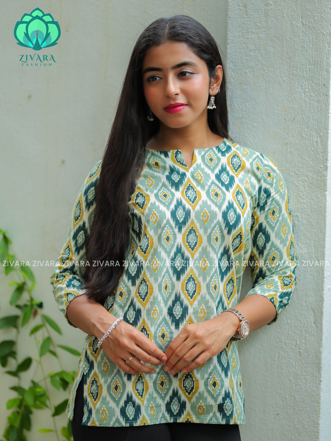 Anu - White and green  Woven cotton short office wear  for women- Label Zivara