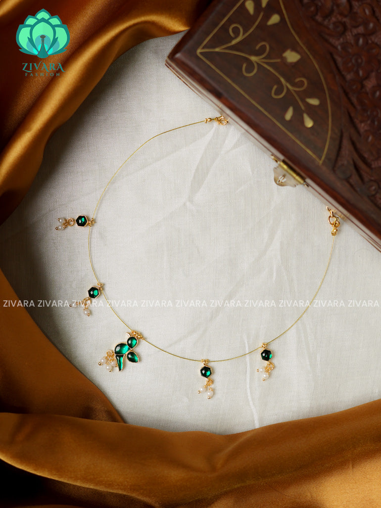 GREEN - TAMARA- PARROT INVISIBLE MINIMAL ELEGANT HANDMADE NECKLACE WITH BRILLIANT FINISH MOTIFS- ZIVARA FASHION