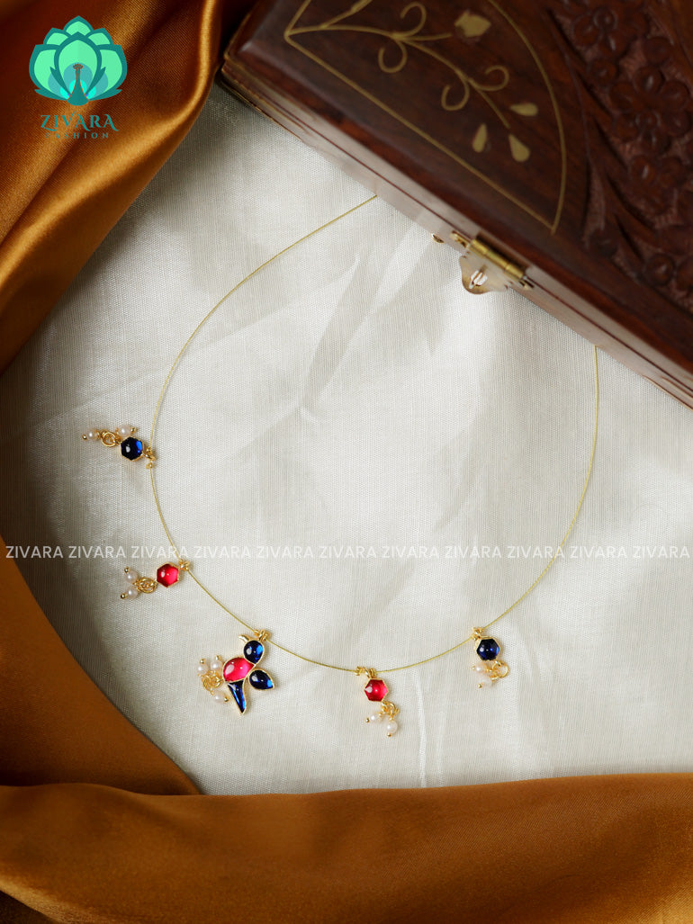 PINK AND BLUE  - TAMARA- PARROT INVISIBLE MINIMAL ELEGANT HANDMADE NECKLACE WITH BRILLIANT FINISH MOTIFS- ZIVARA FASHION