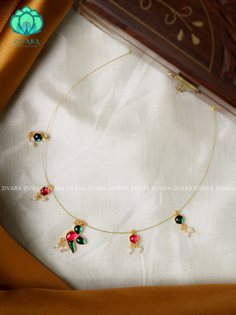 PINK AND GREEN - TAMARA- PARROT INVISIBLE MINIMAL ELEGANT HANDMADE NECKLACE WITH BRILLIANT FINISH MOTIFS- ZIVARA FASHION