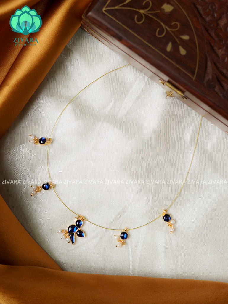 BLUE  - TAMARA- PARROT INVISIBLE MINIMAL ELEGANT HANDMADE NECKLACE WITH BRILLIANT FINISH MOTIFS- ZIVARA FASHION