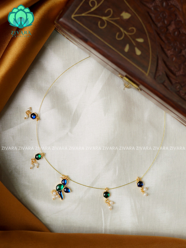 GREEN  AND BLUE TAMARA- PARROT INVISIBLE MINIMAL ELEGANT HANDMADE NECKLACE WITH BRILLIANT FINISH MOTIFS- ZIVARA FASHION