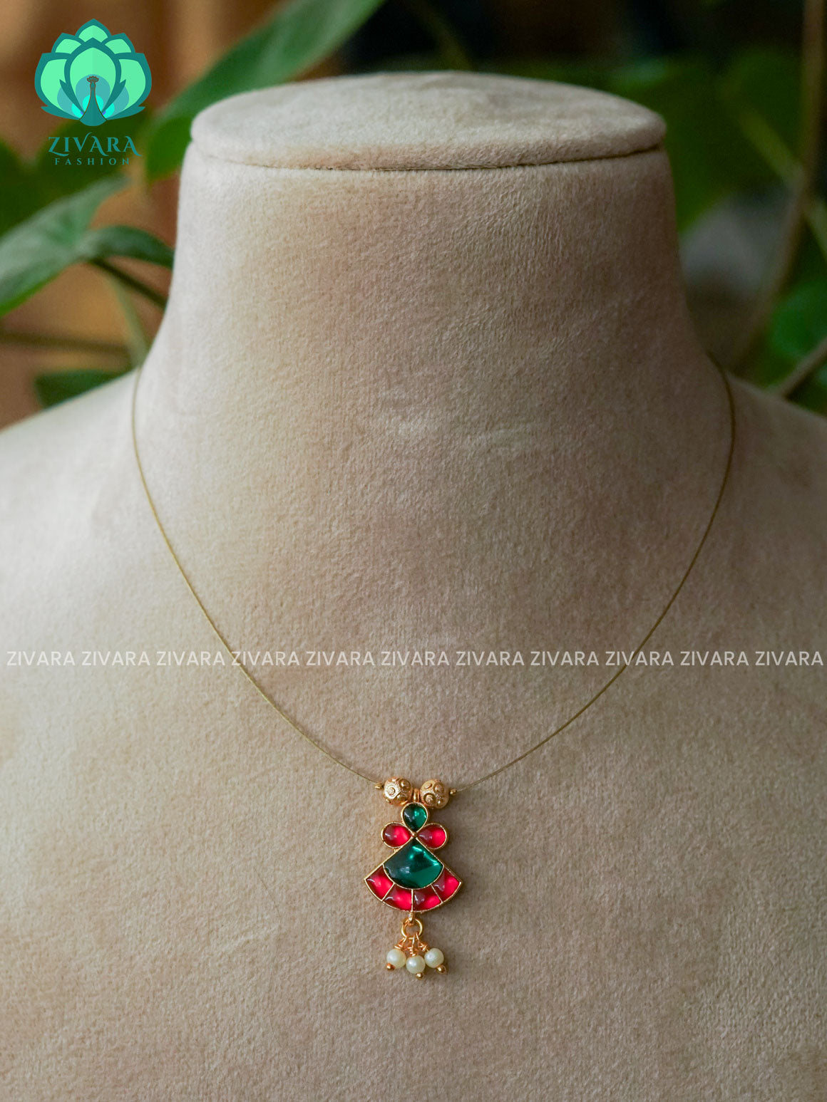 PINK AND GREEN - TAMARA - FROCK INVISIBLE MINIMAL ELEGANT HANDMADE NECKLACE WITH BRILLIANT FINISH MOTIFS- ZIVARA FASHION
