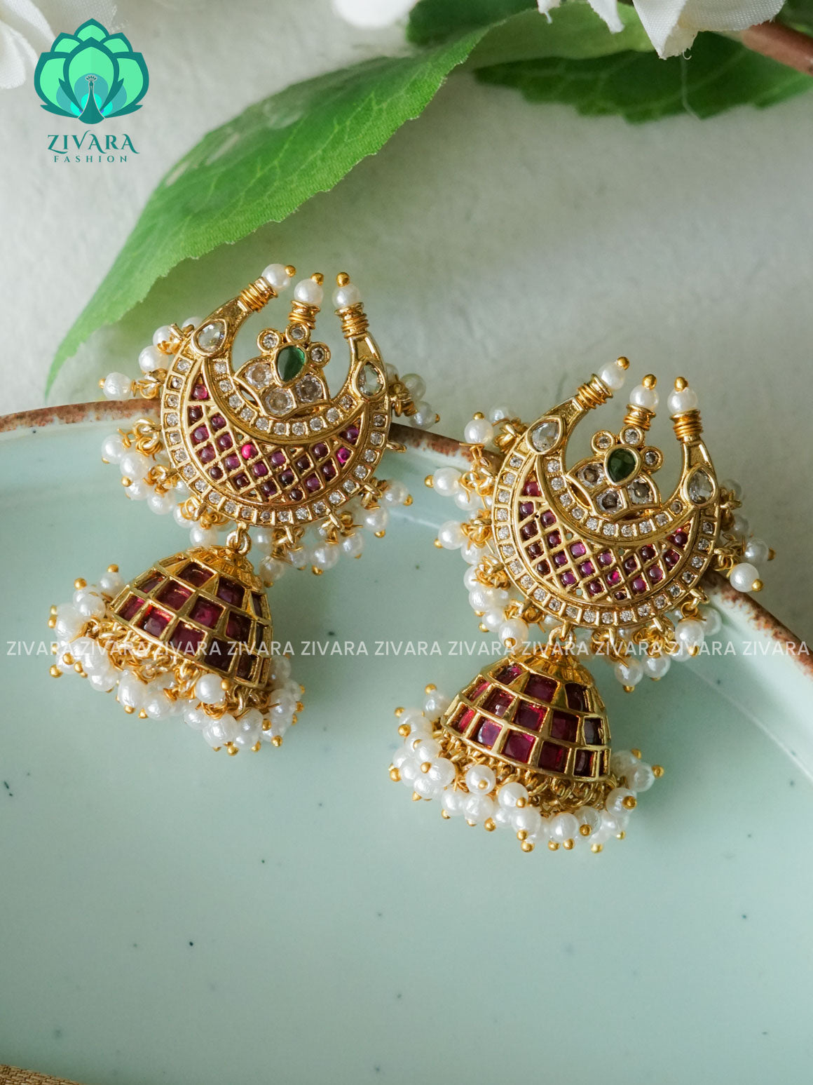Ruby Green Moon- Bridal PREMIUM MATTE  polish JHUMKA- latest jewellery collection- zivara fashion