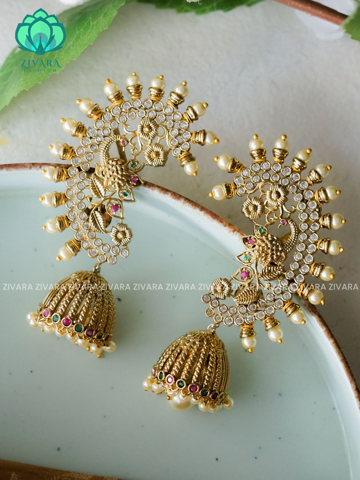 EARCUFF PEACOCK TRADITIONAL PREMIUM MATTE  polish JHUMKA- latest jewellery collection- zivara fashion