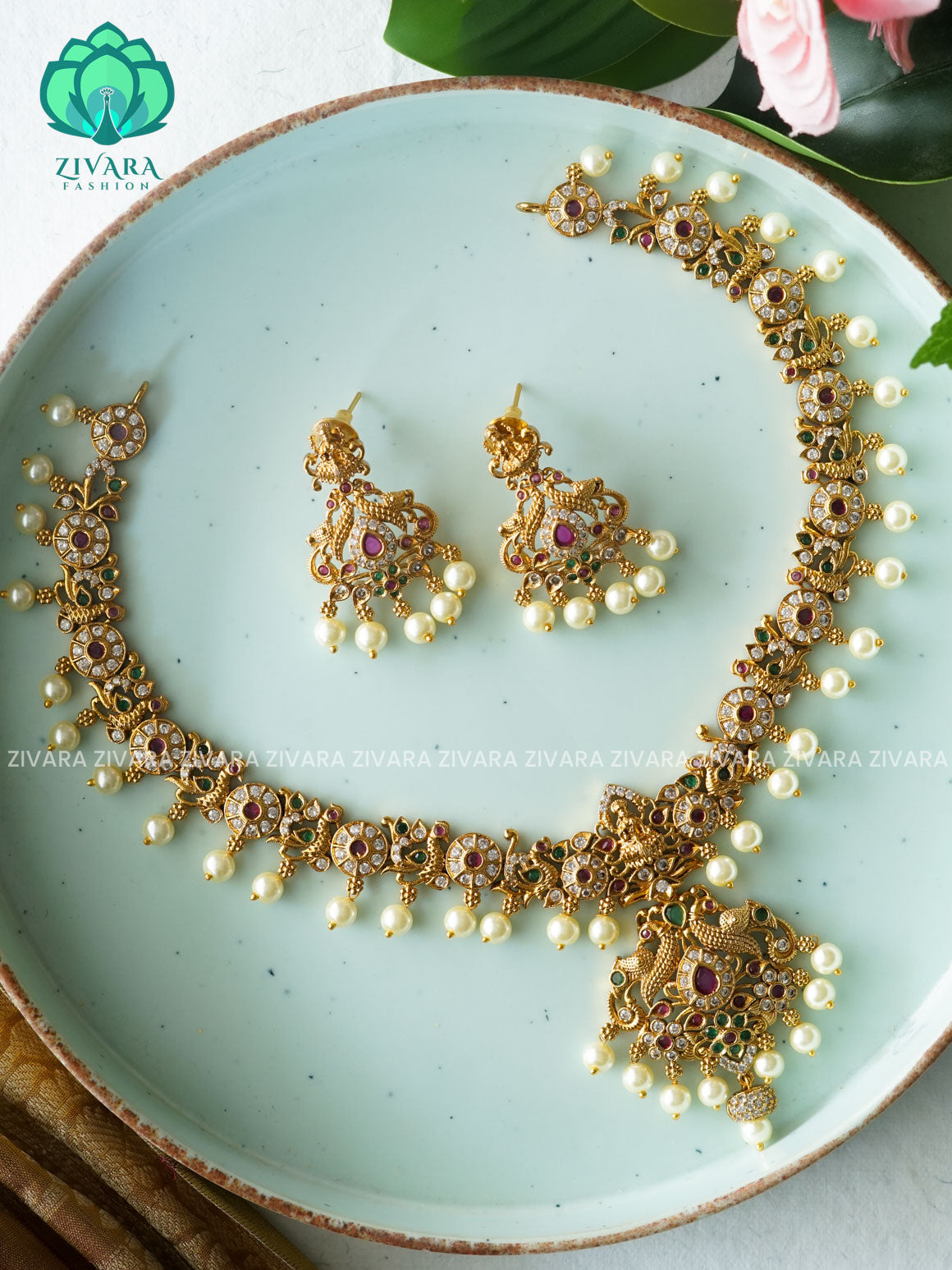 Temple  Traditional PREMIUM MATTE polish MIDCHEST haaram/neckwear with earrings- Zivara Fashion