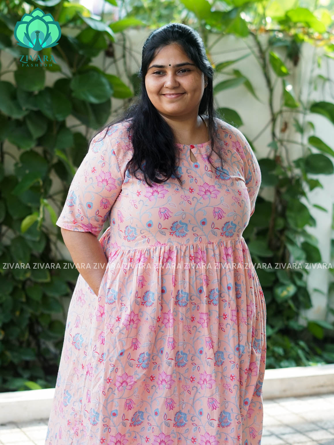 Manvi - Peach floral cotton long maxi for women- Label Zivara