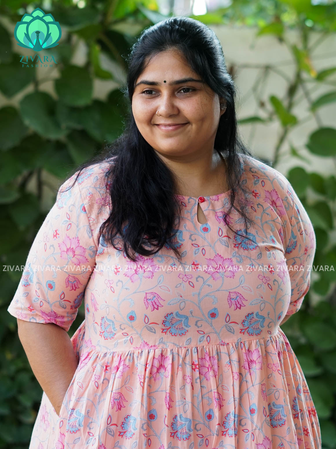 Manvi - Peach floral cotton long maxi for women- Label Zivara