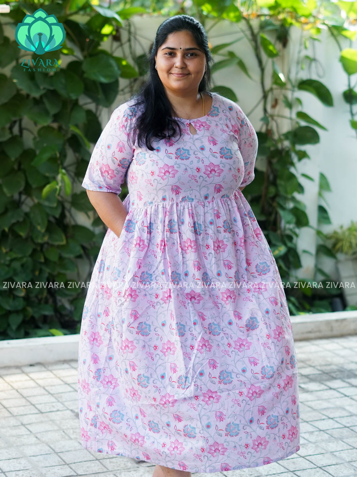 Manvi - Lavender floral cotton long maxi for women- Label Zivara