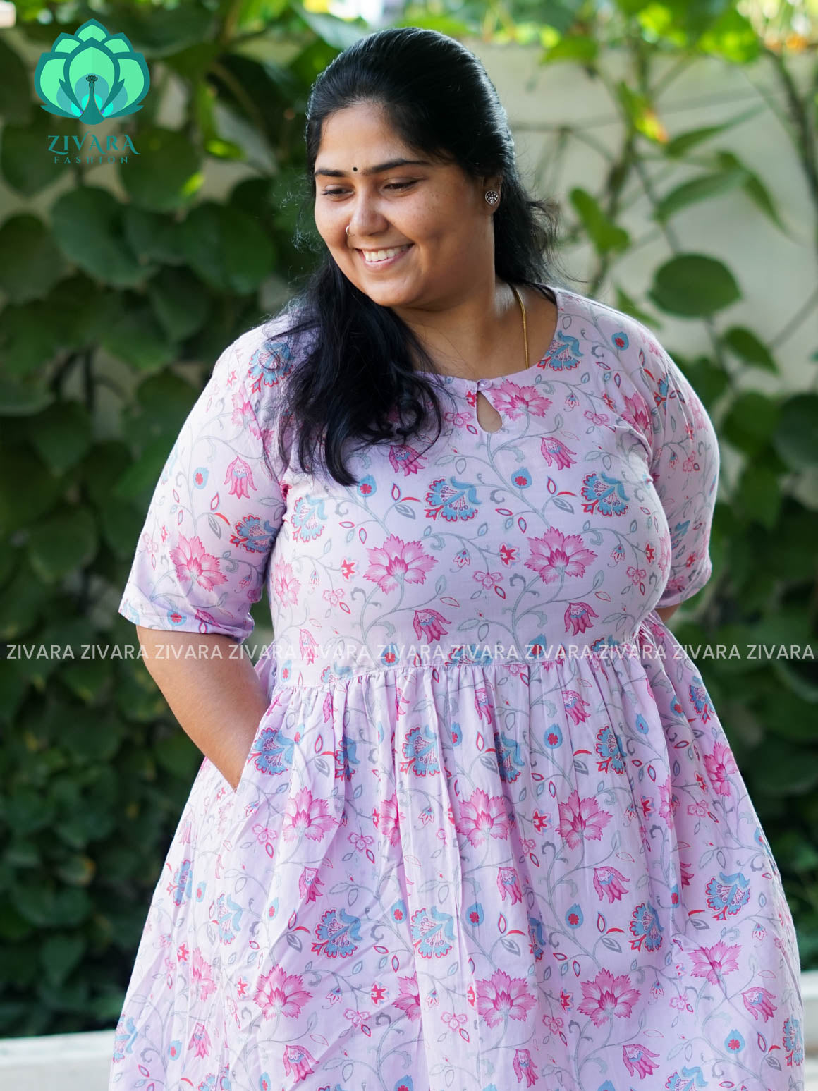 Manvi - Lavender floral cotton long maxi for women- Label Zivara