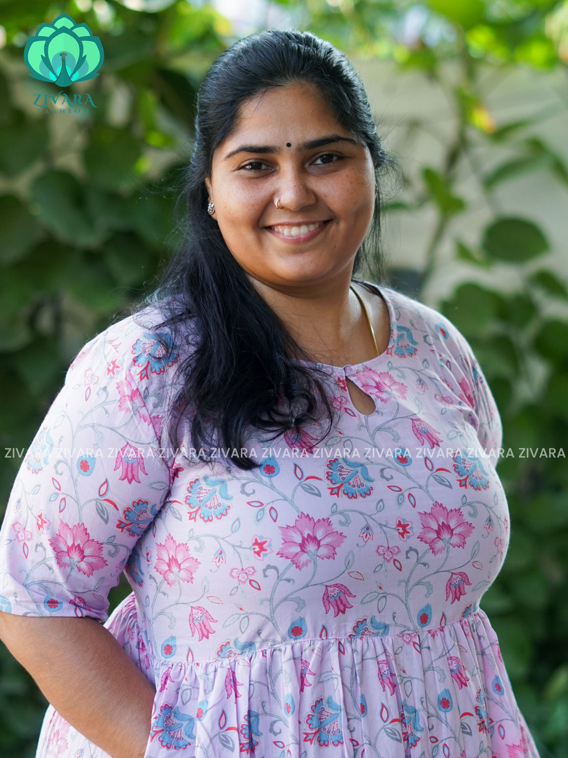 Manvi - Lavender floral cotton long maxi for women- Label Zivara