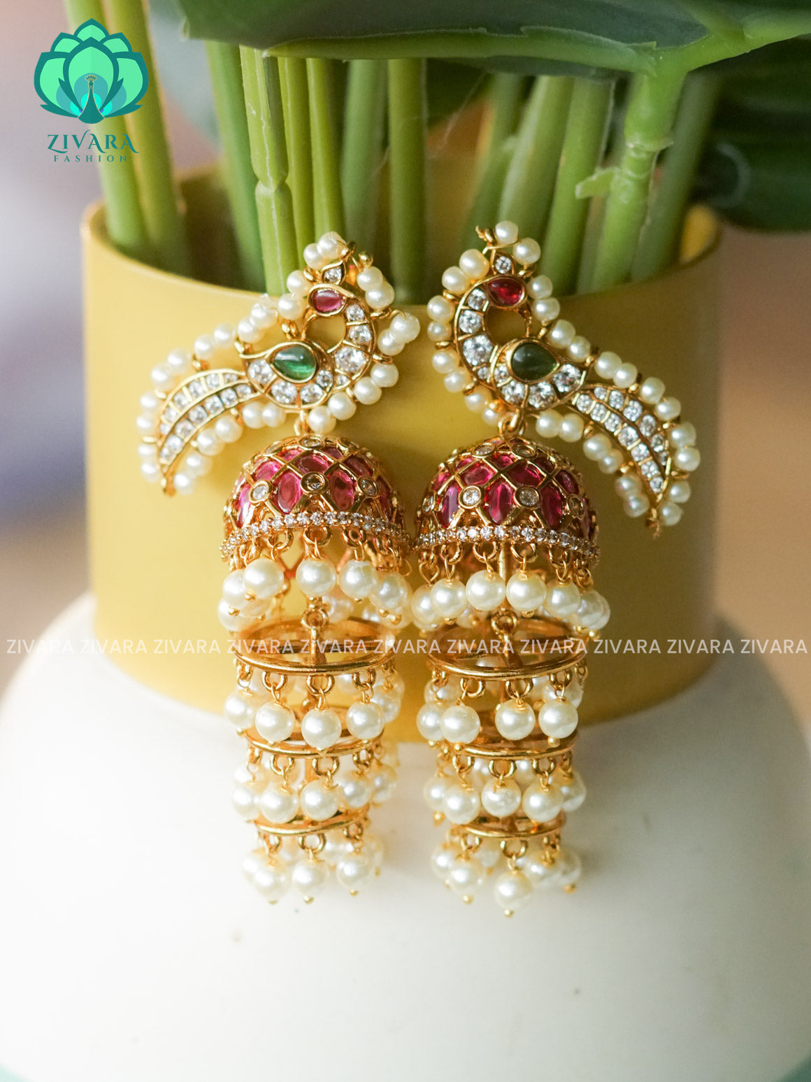 DIYA-TRIPLE LAYER PEACOCK REAL KEMP STONE - TRADITIONAL PREMIUM MATTE  polish JHUMKA- latest jewellery collection- zivara fashion