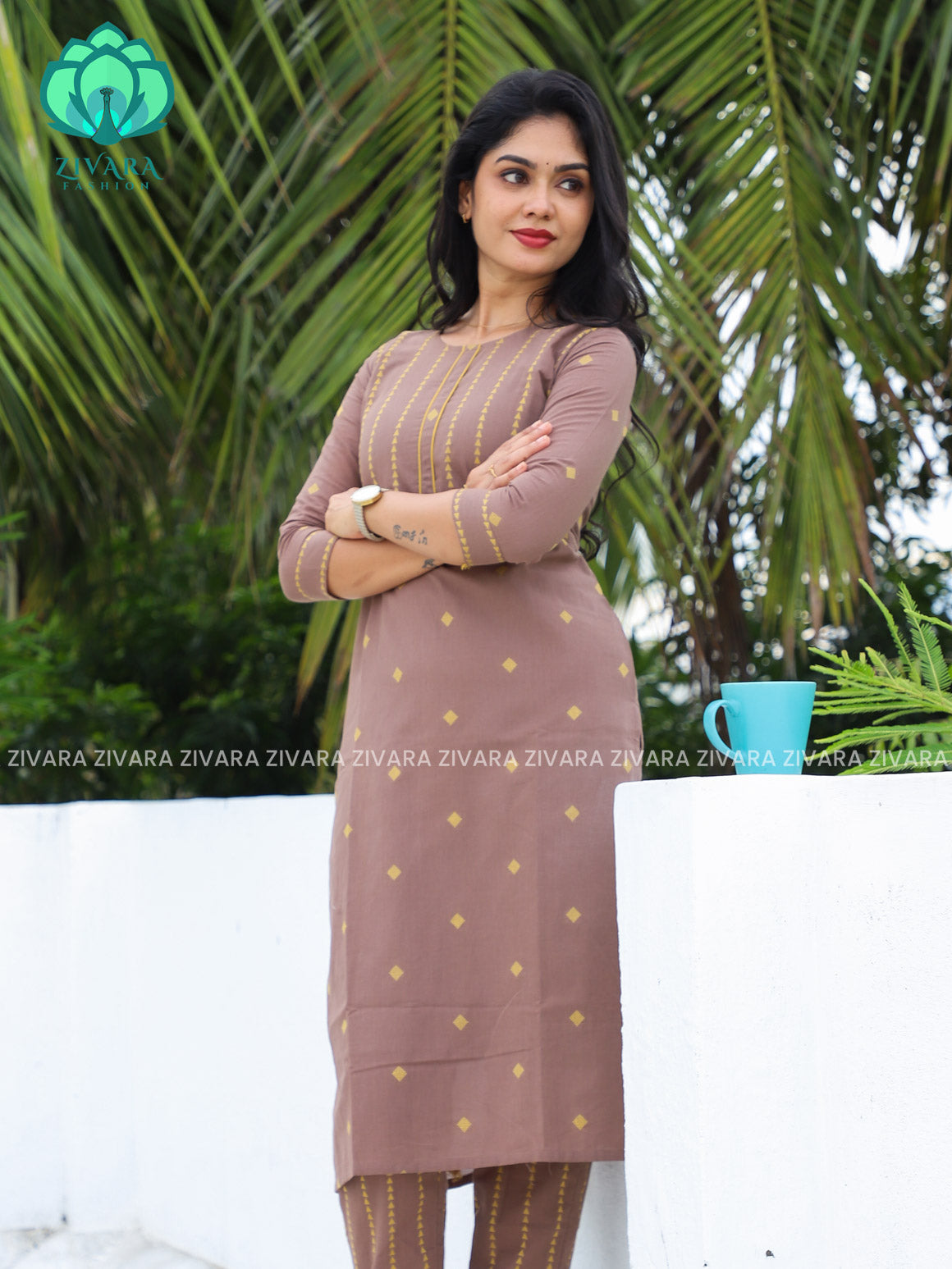 BROWN - Mona-  pure handloom cotton pre-washed Full length straight cut coord sets for women- Label Zivara