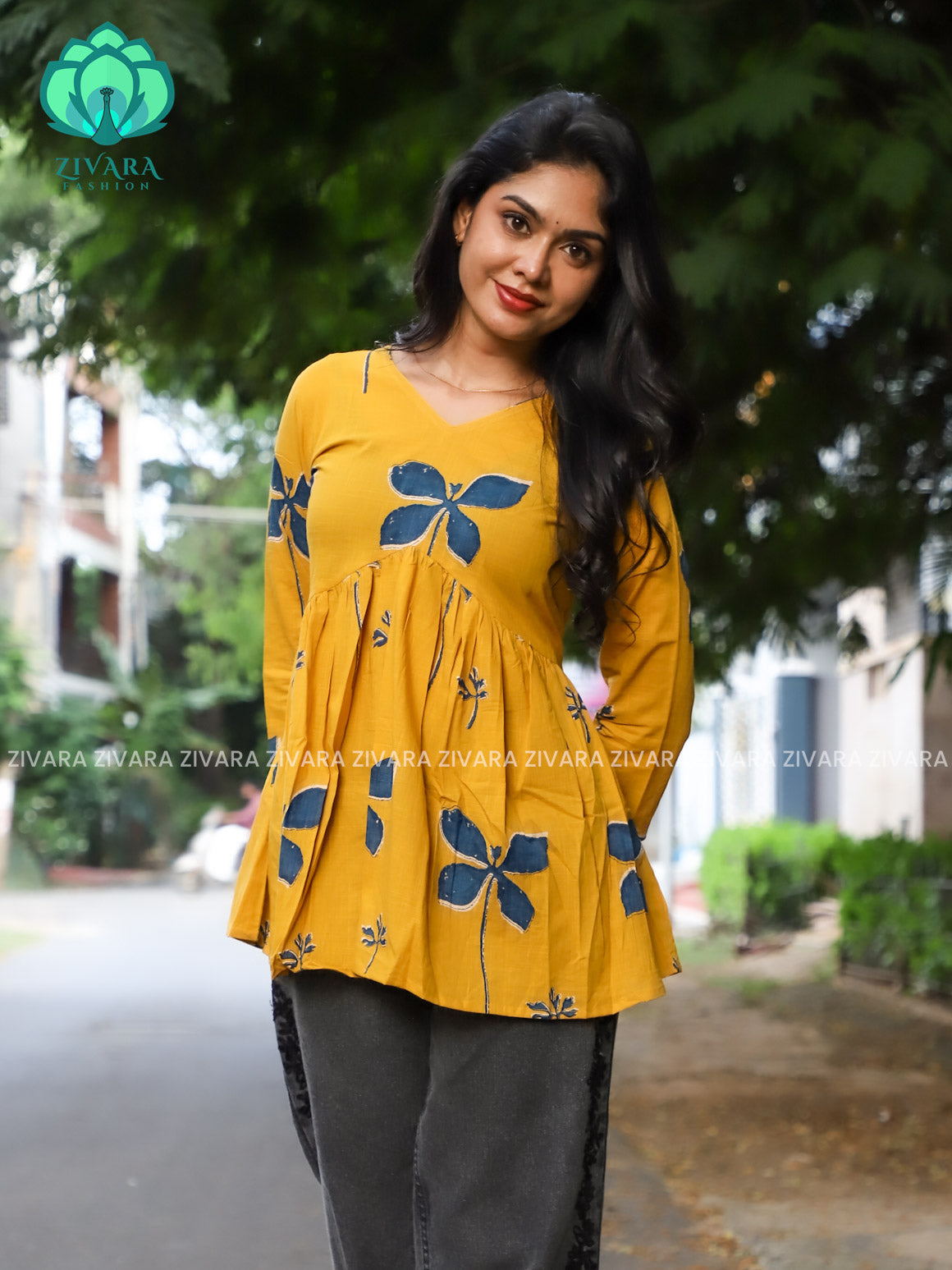 Madhu - Yellow butterfly PEPLUM  Woven cotton short office wear  for women- Label Zivara