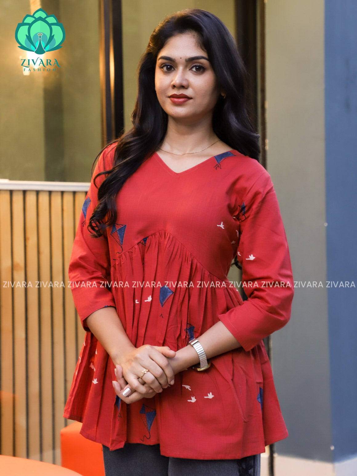 Madhu - RED  KITE PEPLUM  Woven cotton short office wear  for women- Label Zivara