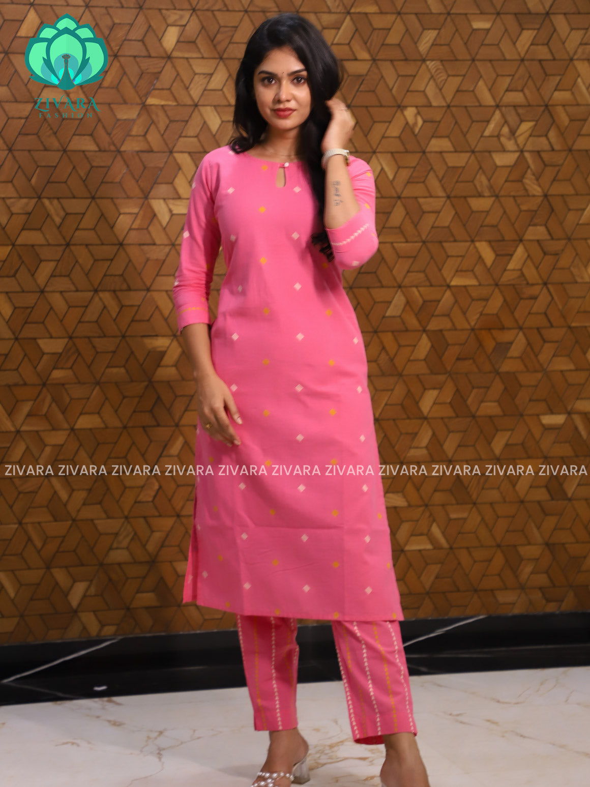 Pink - Mona-  pure handloom cotton pre-washed Full length straight cut coord sets for women- Label Zivara