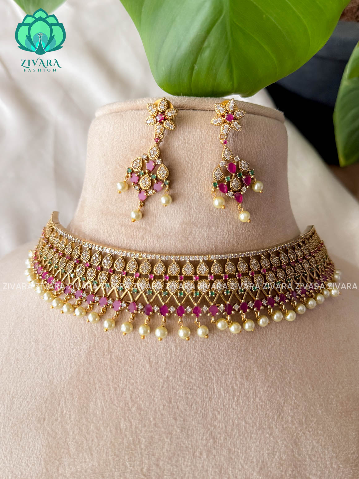 BRIDAL PINK STONE  -TRADITIONAL CHOKER COLLECTION WITH EARRINGS- LATEST JEWELLERY COLLECTION