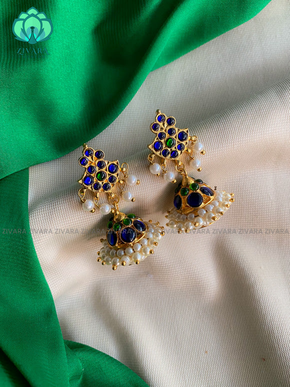 BLUE - mithra   - HANDMADE JHUMKAS - latest kemp dance jewellery collection