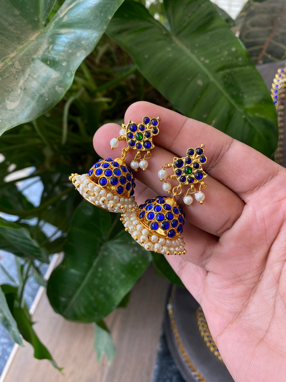 BLUE  -THARUNIKA   - HANDMADE JHUMKAS - latest kemp dance jewellery collection