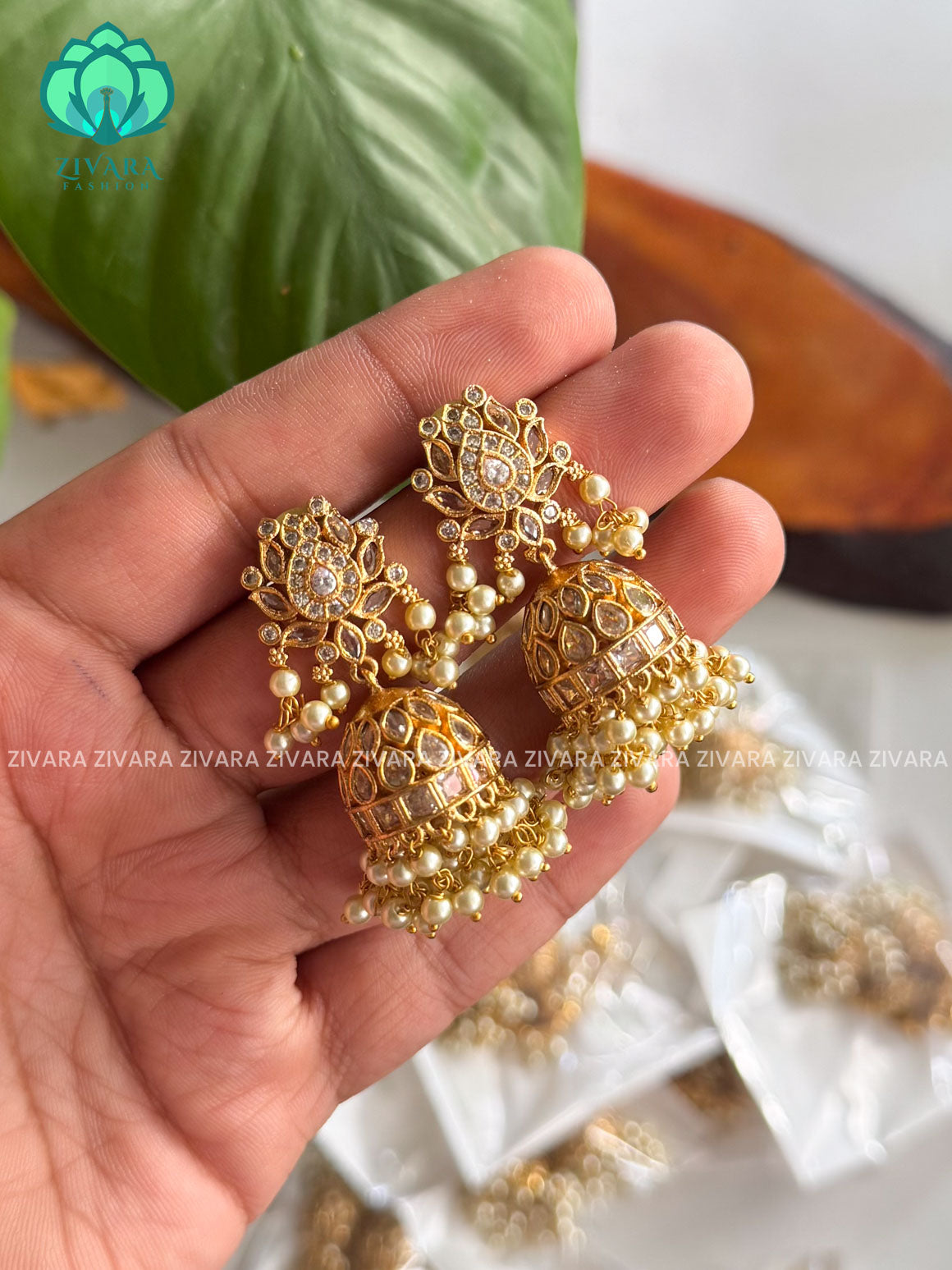 Meena Latest design White stone lotus jhumka - Full white - TRADITIONAL PREMIUM MATTE polish JHUMKA- latest jewellery collection- zivara fashion
