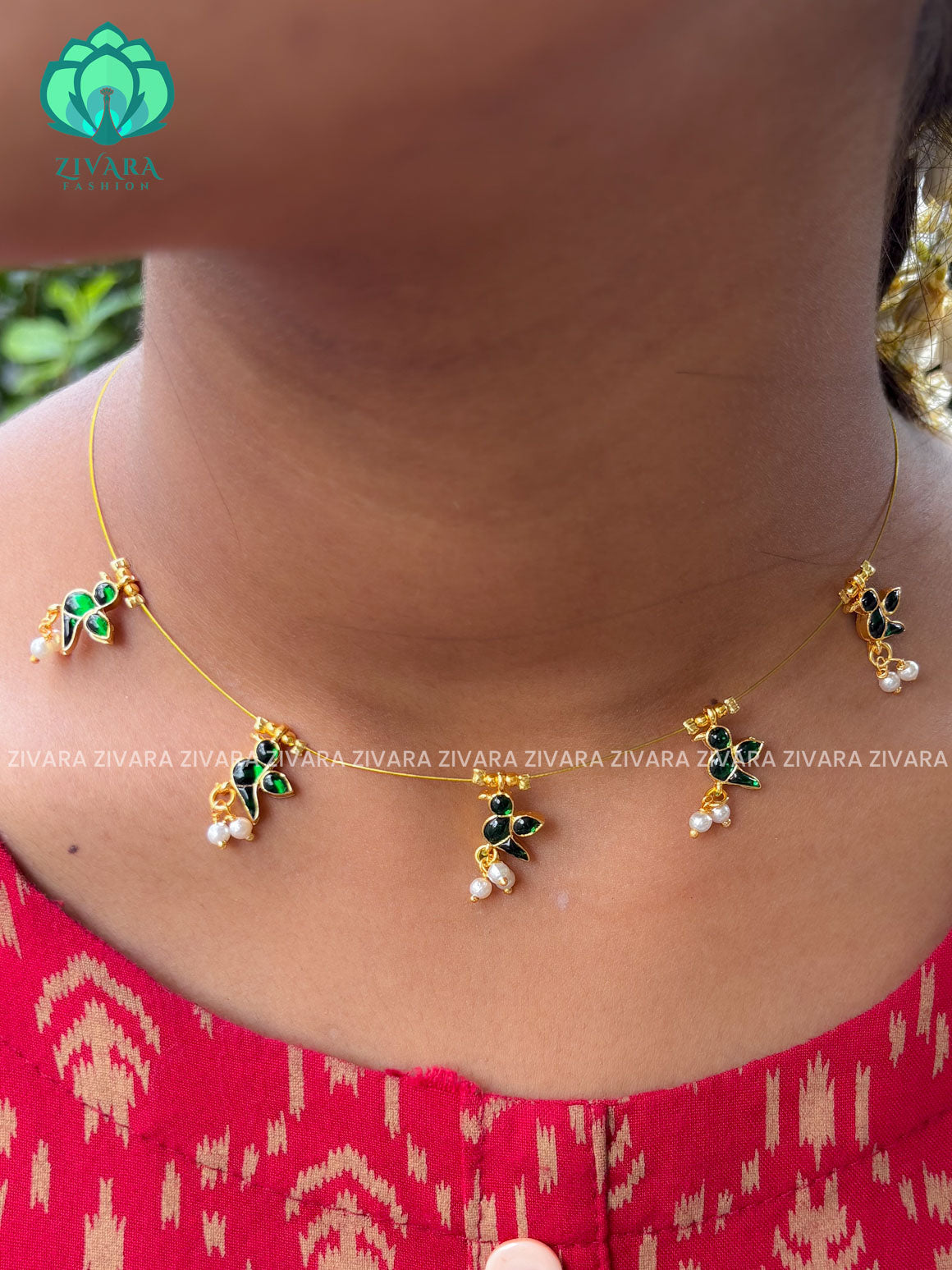 GREEN PARROT TAMARA INVISIBLE MINIMAL ELEGANT HANDMADE NECKLACE WITH BRILLIANT FINISH MOTIFS- ZIVARA FASHION