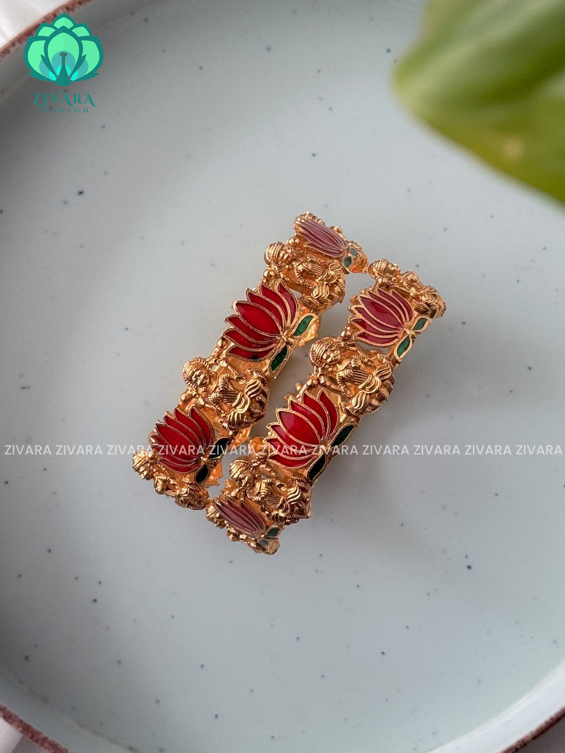 MANJU WARRIER PINK GREEN ENAMEL LOTUS -2 PIECE  -NORMAL MATTE  FINISH bangles- latest jewellery collection- Zivara Fashion