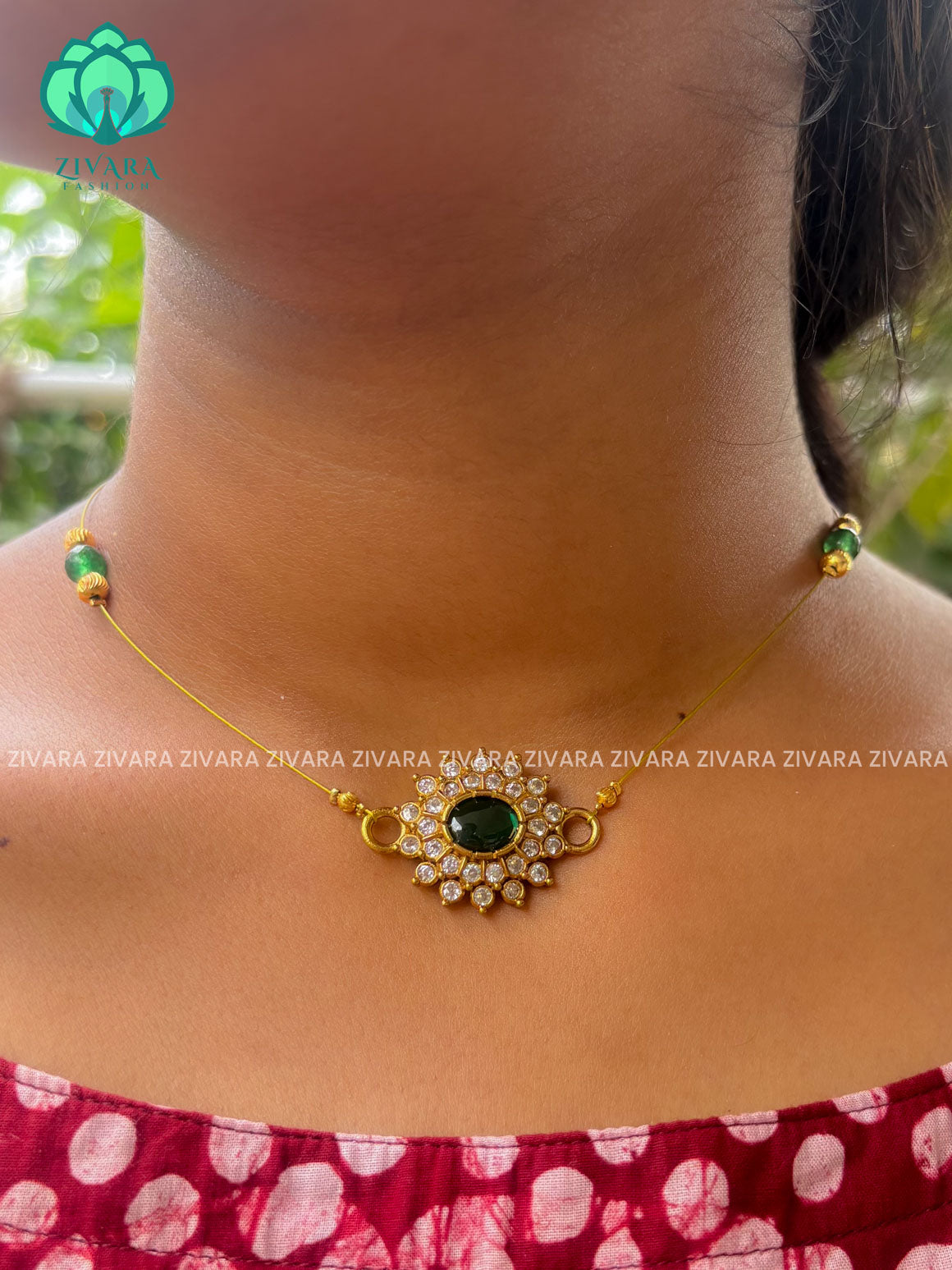 GREEN- OVAL PENDANT  -TAMARA INVISIBLE MINIMAL ELEGANT HANDMADE NECKLACE WITH BRILLIANT FINISH MOTIFS- ZIVARA FASHION