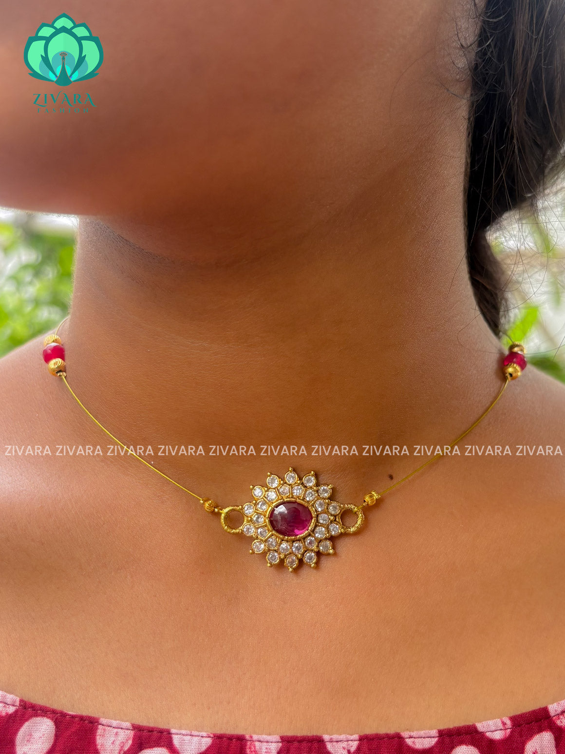 RUBY - OVAL PENDANT  -TAMARA INVISIBLE MINIMAL ELEGANT HANDMADE NECKLACE WITH BRILLIANT FINISH MOTIFS- ZIVARA FASHION