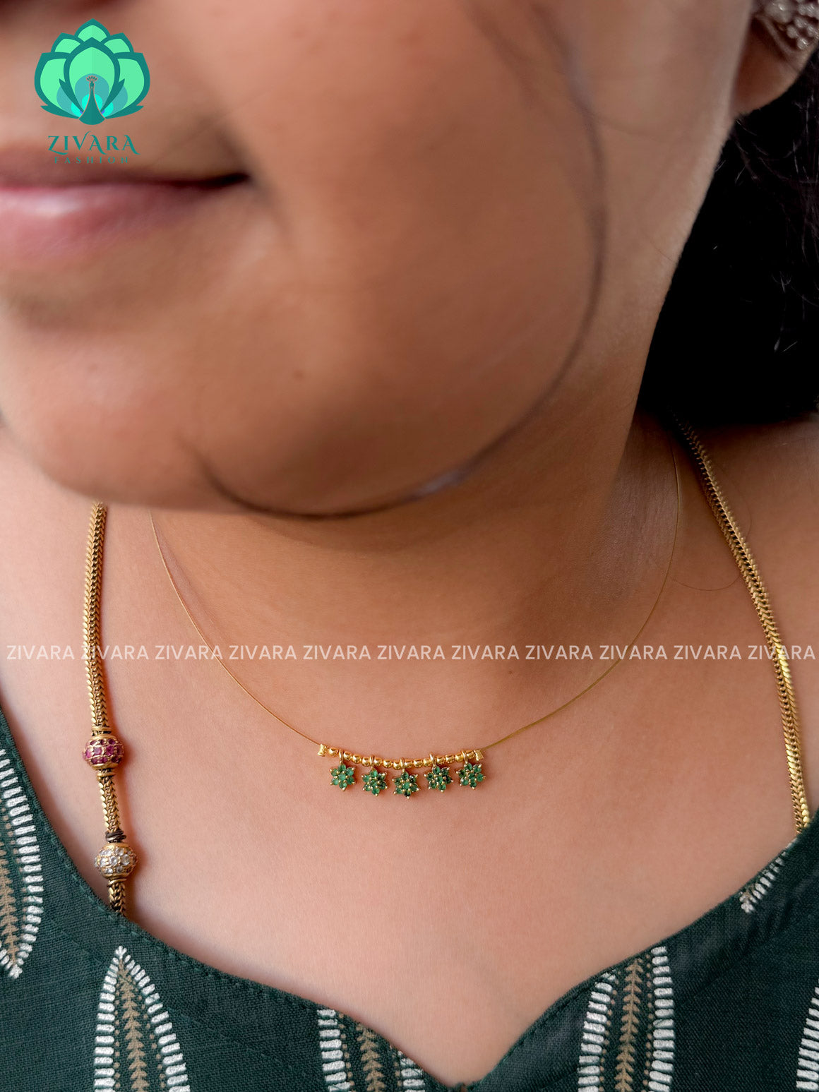 GREEN STONE - STAR TAMARA INVISIBLE MINIMAL ELEGANT HANDMADE NECKLACE WITH BRILLIANT FINISH MOTIFS- ZIVARA FASHION