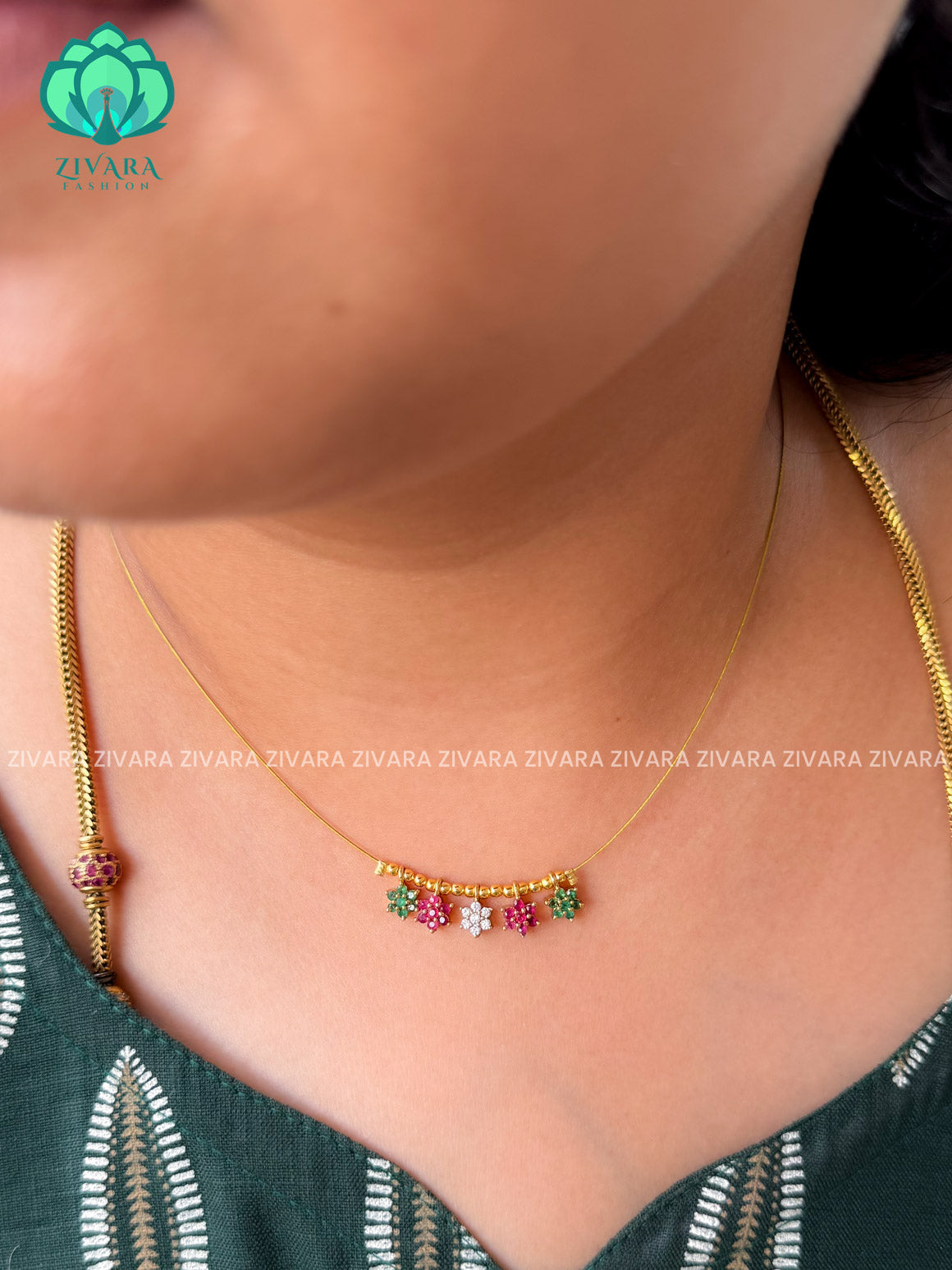 RUBY GREEN WHITE STONE - STAR TAMARA INVISIBLE MINIMAL ELEGANT HANDMADE NECKLACE WITH BRILLIANT FINISH MOTIFS- ZIVARA FASHION