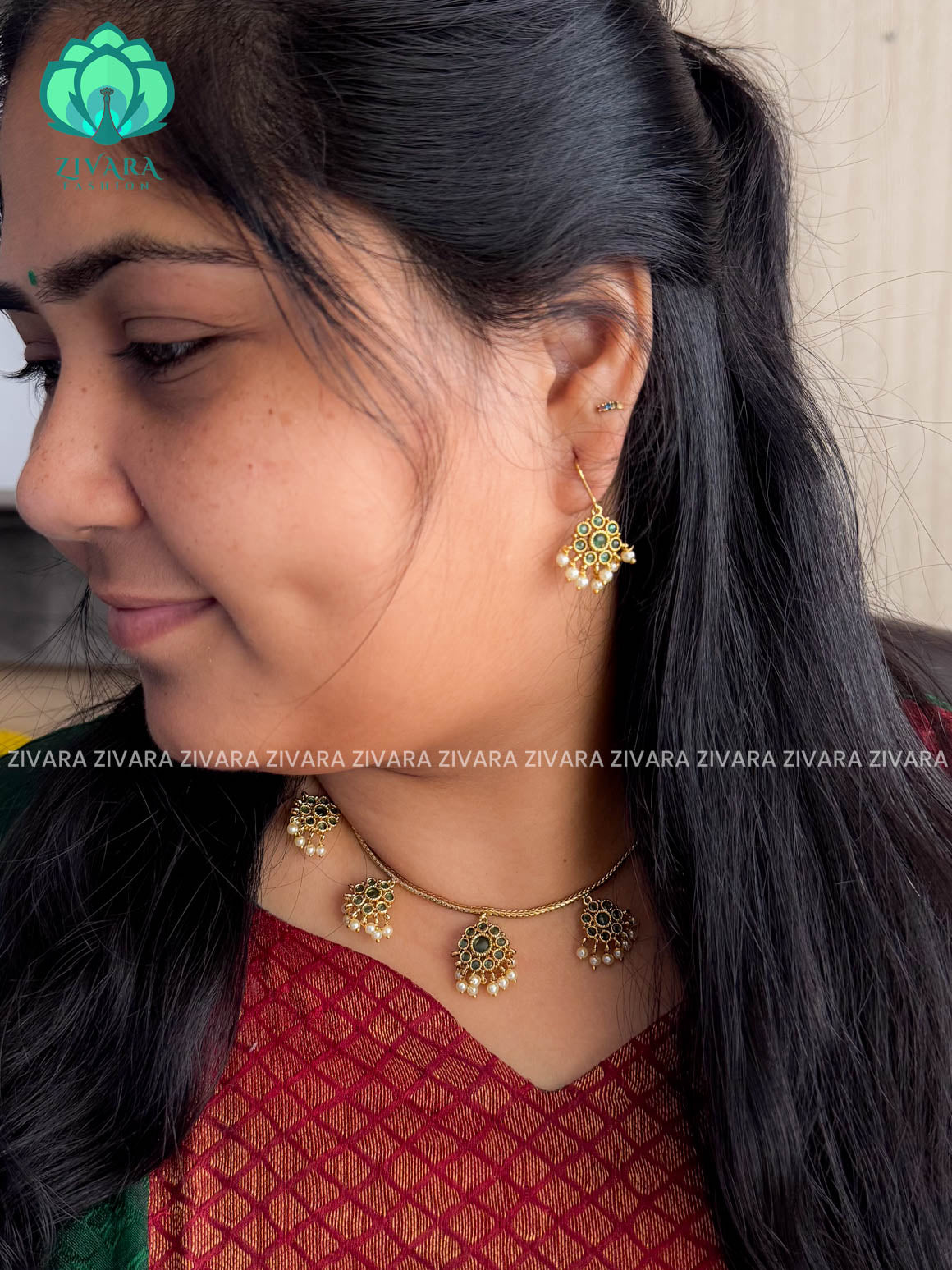 Brindha- GREEN ATTIGAI - FLEXIBLE CHAIN WITH HANGING -Traditional south indian premium neckwear with earrings- Zivara Fashion- latest jewellery design