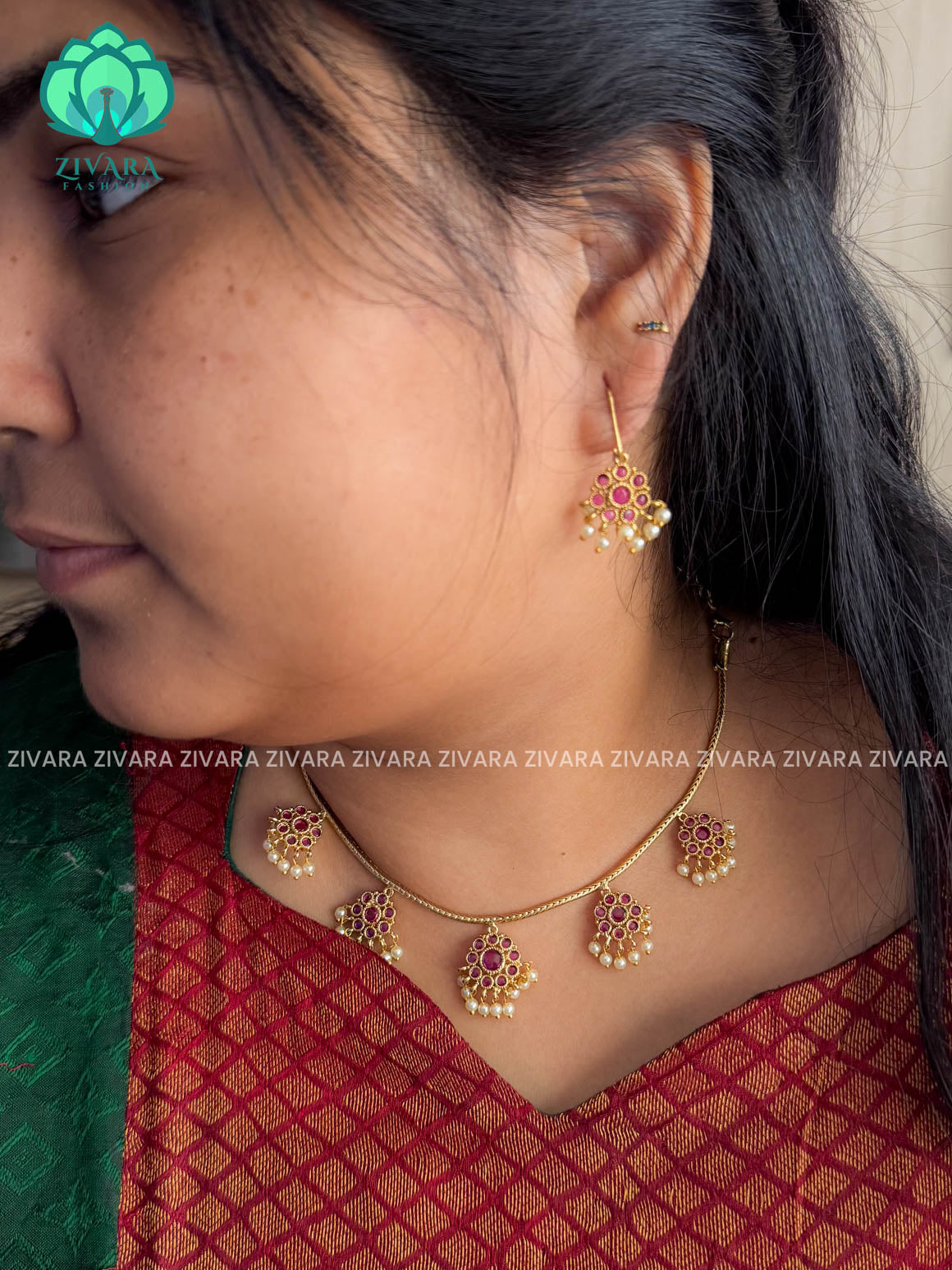 Brindha - RUBY ATTIGAI - FLEXIBLE CHAIN WITH HANGING -Traditional south indian premium neckwear with earrings- Zivara Fashion- latest jewellery design